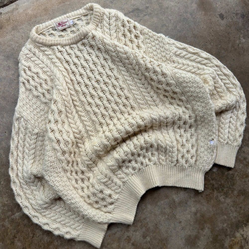 Vintage 90s The Sweater Shop Wool Cable Knit Sweater Workwear Cream L (i4)